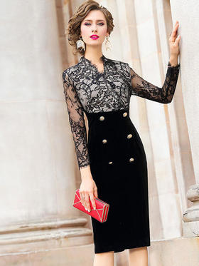 FMY-28575新款时尚名媛气质修身丝绒蕾丝拼接包臀连衣裙