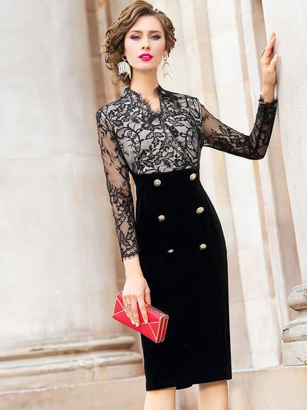 FMY-28575新款时尚名媛气质修身丝绒蕾丝拼接包臀连衣裙 商品图0