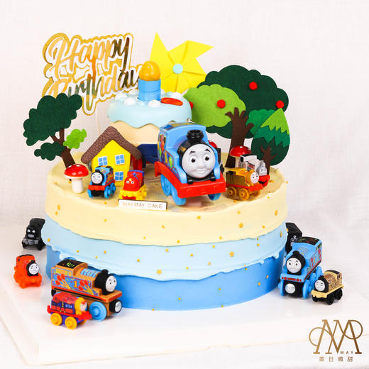 3460“森林托马斯小火车蛋糕”黄蓝抹边底（送男孩 小朋友 周岁） 商品图0