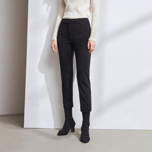 EITIE爱特爱冬季新款通勤显瘦百搭开叉中腰黑色小脚九分裤女6305014 商品图3