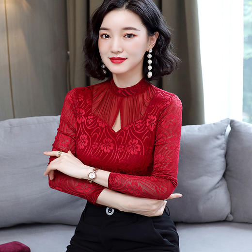 HM-2005蕾丝长袖打底衫女2020秋冬新款气质百搭女士修身网纱上衣 商品图0