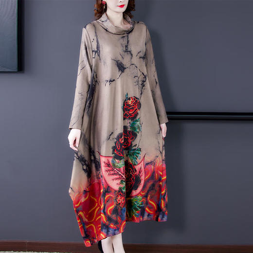 DJ-NRJ2FE220-F-MG8613优雅复古高领不规则印花连衣裙 商品图0