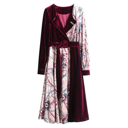 WLZD-2021403时髦优雅名媛丝绒拼接花纹连衣裙 商品图2