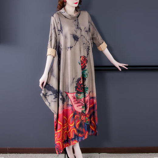 DJ-NRJ2FE220-F-MG8613优雅复古高领不规则印花连衣裙 商品图1