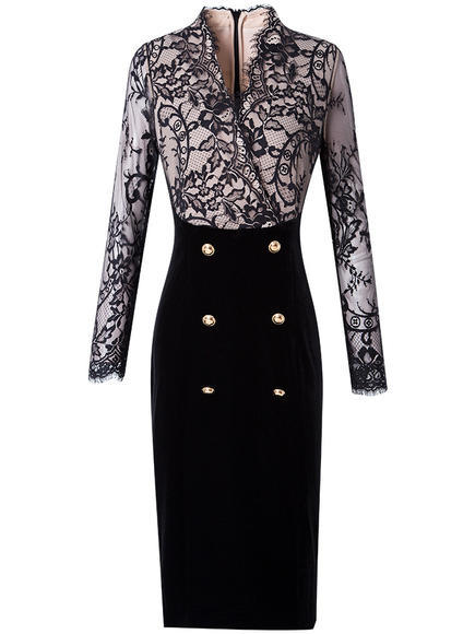 FMY-28575新款时尚名媛气质修身丝绒蕾丝拼接包臀连衣裙 商品图3