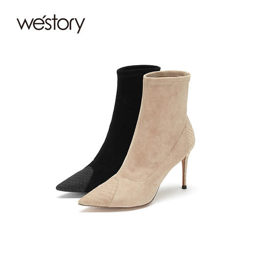 westory2020冬季新版小羊皮时装靴女尖头细跟中筒靴W20DS80231 商品图2