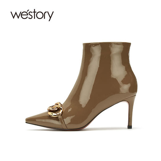 westory2020冬季新款真皮漆皮链条尖头高跟时装靴女W20DS80401 商品图1
