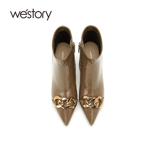 westory2020冬季新款真皮漆皮链条尖头高跟时装靴女W20DS80401 商品图3