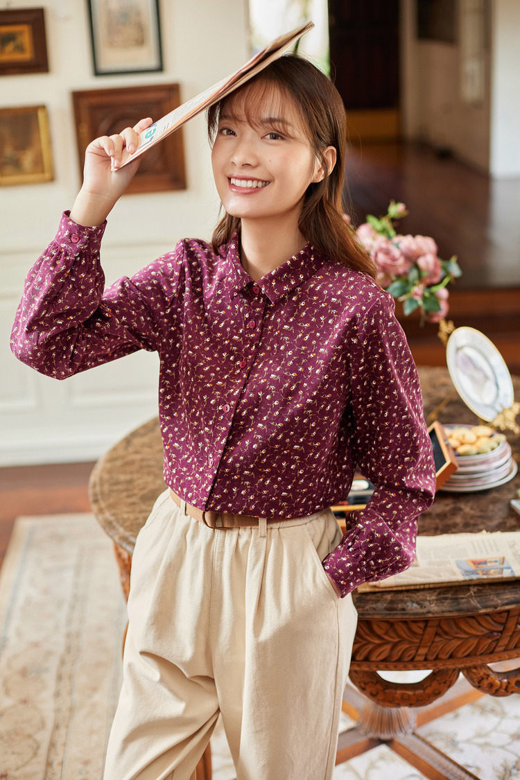 茵曼碎花衬衫女长袖2020年冬新款气质印花灯芯绒衬衣百搭复古上衣