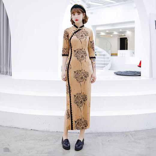 ZA-529秋新款复古优雅气质麂皮绒长旗袍 商品图3