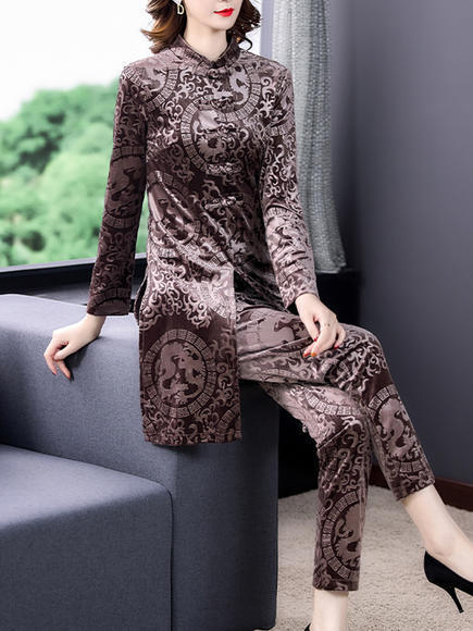 XTH-5999时尚印花金丝绒两件套新款妈妈气质女神范洋气套装 商品图0