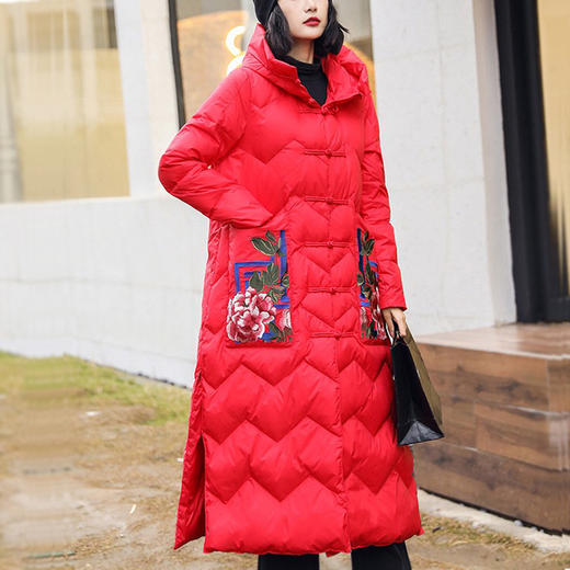 上海旗袍厂XJ-F9民族风羽绒服女长款中国风过膝绣花复古中式盘扣大码白鸭绒羽绒服 商品图2