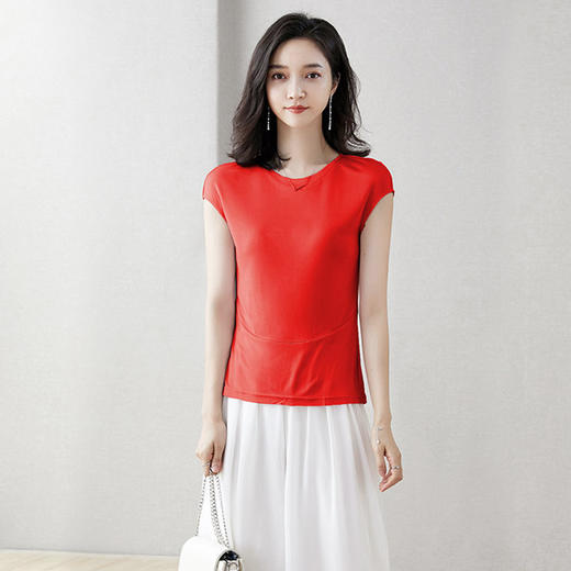 丁摩 【断码清仓】100%桑蚕丝V领真丝针织短袖T恤2039WX001 商品图8