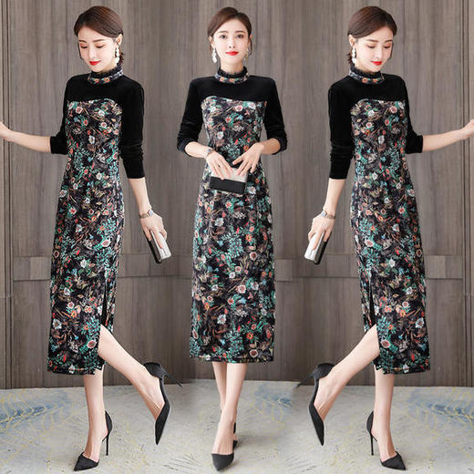 AHM-olz1583新款时尚气质优雅显瘦碎花金丝绒连衣裙 商品图1