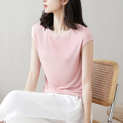 丁摩 【断码清仓】100%桑蚕丝V领真丝针织短袖T恤2039WX001 商品图9