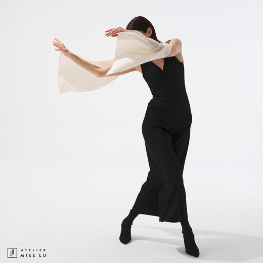 【流沙银河】AtelierMissLu设计师前后V领飘袖设计拼色连体阔腿裤/0000044A 商品图3