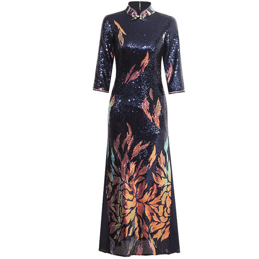 DLQ-A2656改良走秀表演长款秋冬七分袖旗袍式连衣裙 商品图4