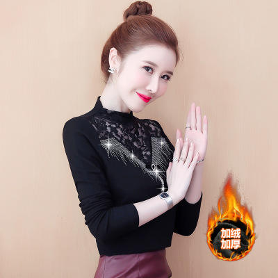 KQL-320H1750 秋冬蕾丝拼接加绒加厚高领打底衫女T恤2020新款洋气烫钻长袖上衣 商品图2