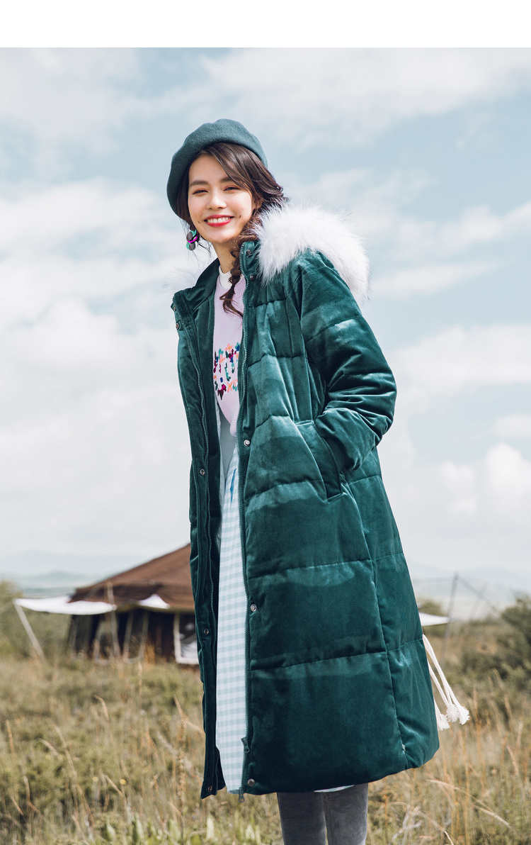 茵曼冬装新款连帽毛领宽松保暖长款羽绒服外套女1884121078