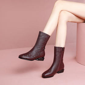 OLD-991秋冬新款真皮加绒粗跟短靴