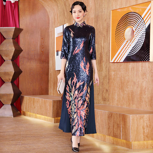DLQ-A2656改良走秀表演长款秋冬七分袖旗袍式连衣裙 商品图0