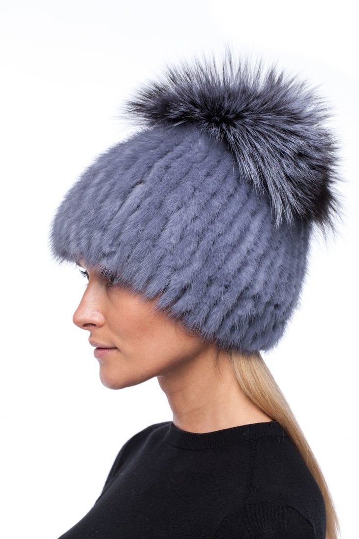 狐狸毛大绒球貂皮帽子hat with wide pompom knitted mink
