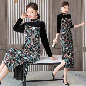 AHM-olz1583新款时尚气质优雅显瘦碎花金丝绒连衣裙