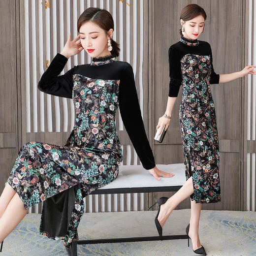 AHM-olz1583新款时尚气质优雅显瘦碎花金丝绒连衣裙 商品图0