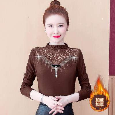 KQL-320H1750 秋冬蕾丝拼接加绒加厚高领打底衫女T恤2020新款洋气烫钻长袖上衣 商品图0