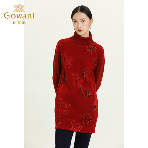 乔万尼秋冬复古红高领印花羊毛显瘦舒适休闲宽松减龄连衣裙ES4E323 商品图3