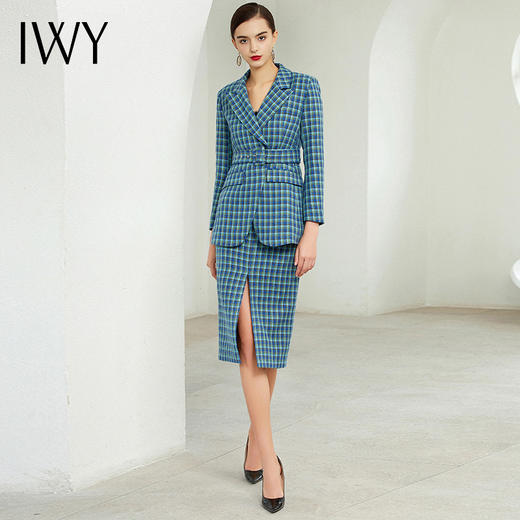IWY/蓝绿色格纹长袖西装半裙套装CP203189 商品图0