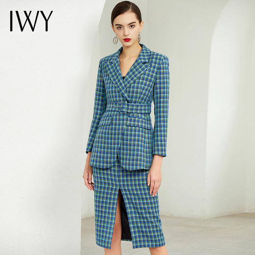 IWY/蓝绿色格纹长袖西装半裙套装CP203189 商品图1