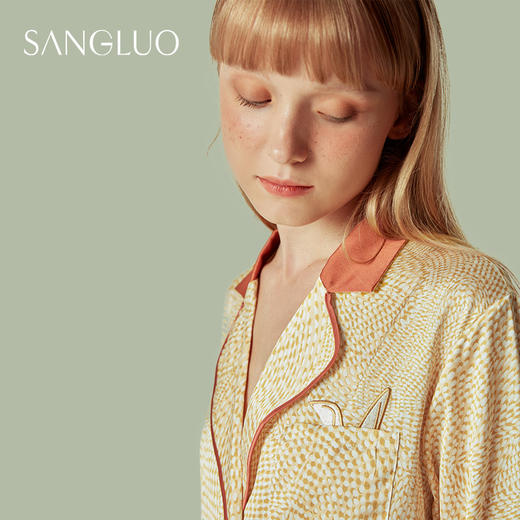 SANGLUO桑罗桑蚕丝睡衣套装刺绣波点撞色桑蚕丝两件套家居服女 商品图1