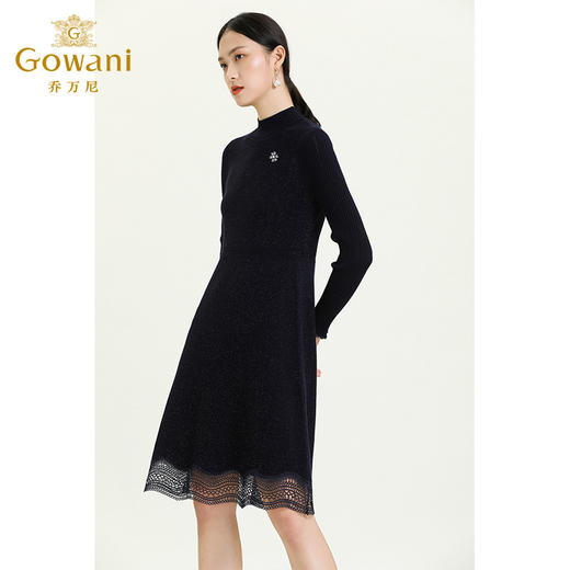 乔万尼新款羊毛半高领显瘦气质内搭外穿收腰拼接蕾丝连身裙ES3M590 商品图1