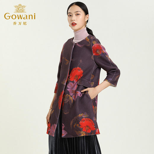 乔万尼冬季新款中长款重磅羊毛大衣时尚印花圆领九分袖大衣外套女E164A037 商品图1