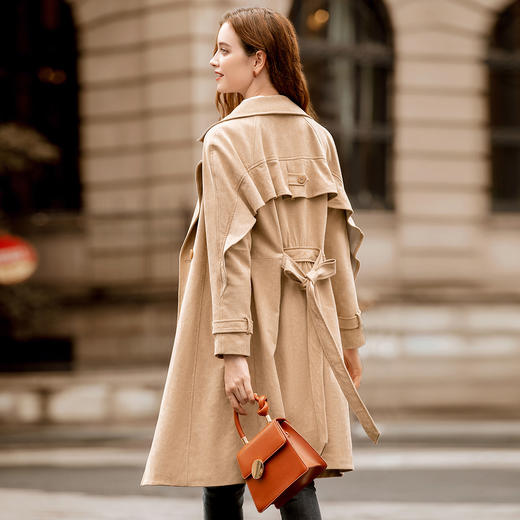 sr冬季新品时尚气质荷叶边长袖中长显高女款风衣