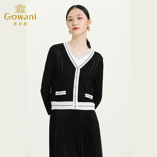 乔万尼秋季新款小香风气质V领针织开衫拼接色百搭设计感外套ES3M589 商品图1