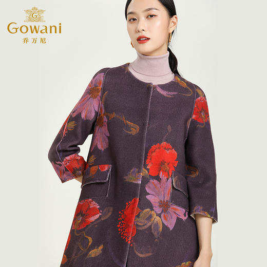 乔万尼冬季新款中长款重磅羊毛大衣时尚印花圆领九分袖大衣外套女E164A037 商品图4