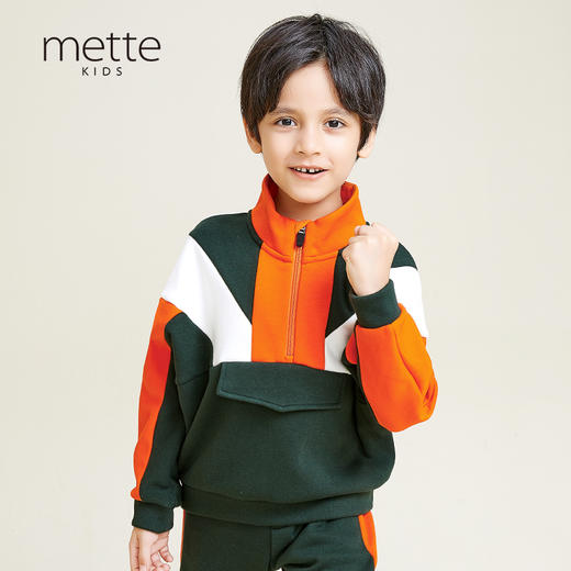 METTE童装男童偏厚加绒卫衣2020冬季中大童时尚撞色立领套头上衣 商品图1