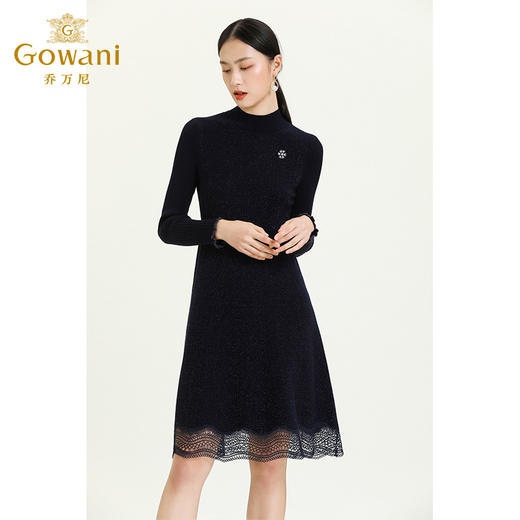 乔万尼新款羊毛半高领显瘦气质内搭外穿收腰拼接蕾丝连身裙ES3M590 商品图2