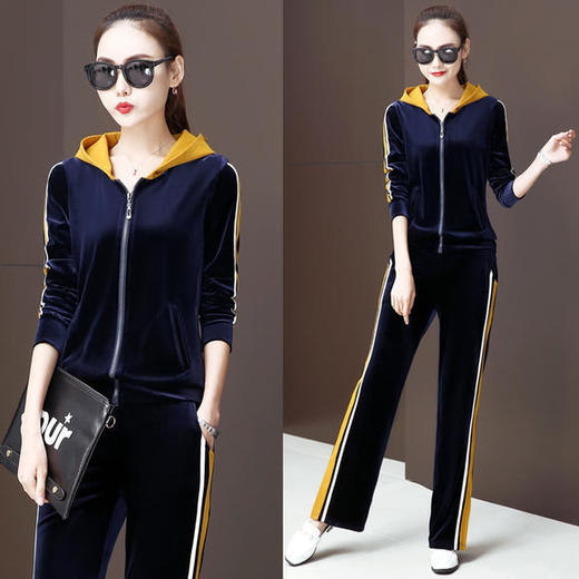 SP-SJG-96888-JZ新款时尚气质休闲金丝绒连帽上衣阔腿裤两件套 商品图1