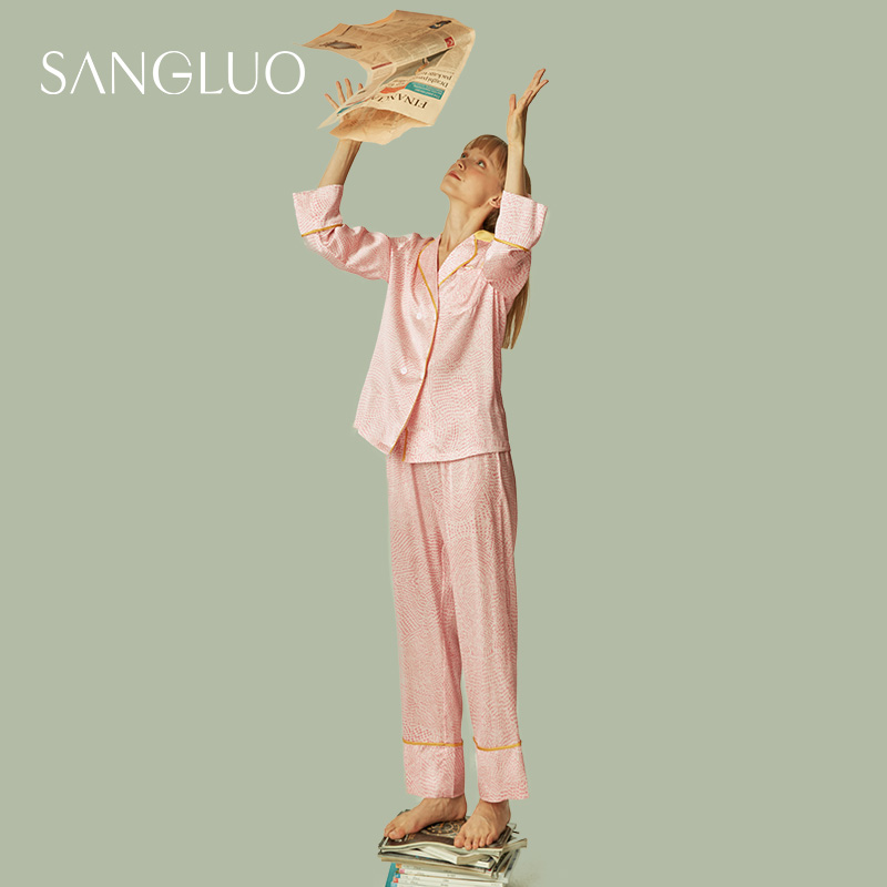 SANGLUO桑罗桑蚕丝睡衣套装刺绣波点撞色桑蚕丝两件套家居服女