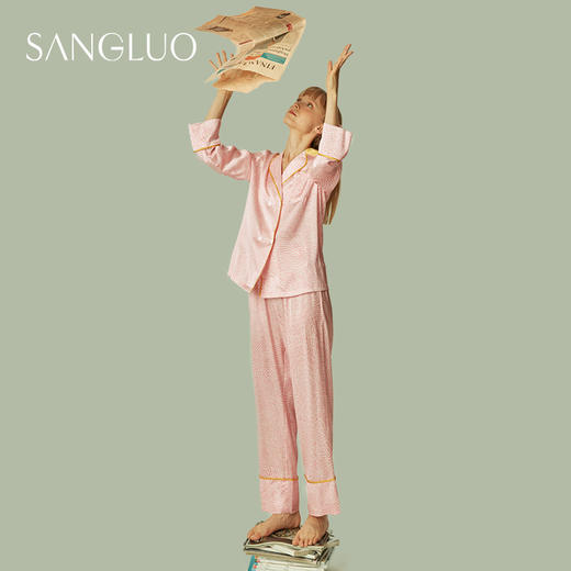 SANGLUO桑罗桑蚕丝睡衣套装刺绣波点撞色桑蚕丝两件套家居服女 商品图0
