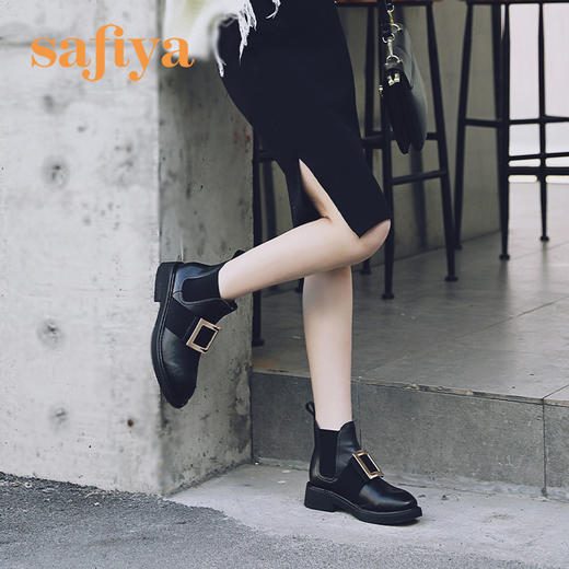 safiya索菲娅方扣加绒切尔西靴冬网红舒适粗跟女靴SF94118227 商品图3