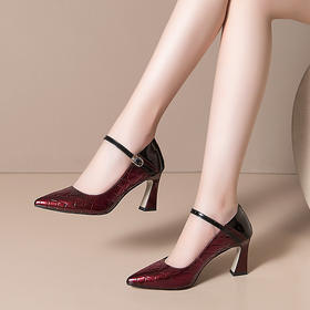 OLD-H2179百搭一字扣尖头高跟鞋酒红色牛皮中跟浅口单鞋