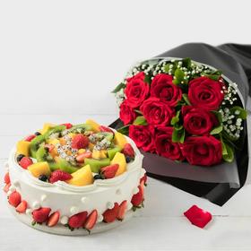 【鲜玫瑰9朵+心意蛋糕】表白心意，幸福久久-鲜果进口奶油蛋糕+鲜花
