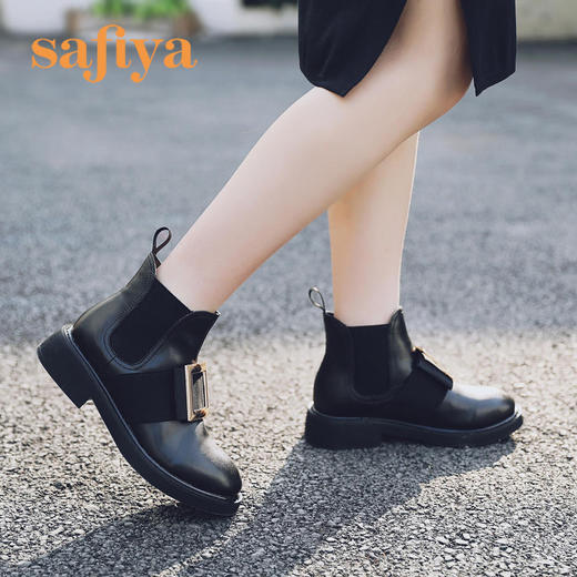 safiya索菲娅方扣加绒切尔西靴冬网红舒适粗跟女靴SF94118227 商品图2