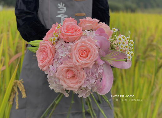 【月半弯】粉玫瑰9 粉色小绣球1 洋甘菊2 粉百合3朵 （夏木设计） 商品图2