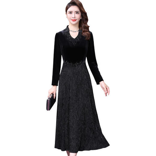 WXY-YNQ-6892新款高端优雅气质修身V领长袖丝绒钉珠长款连衣裙 商品图3