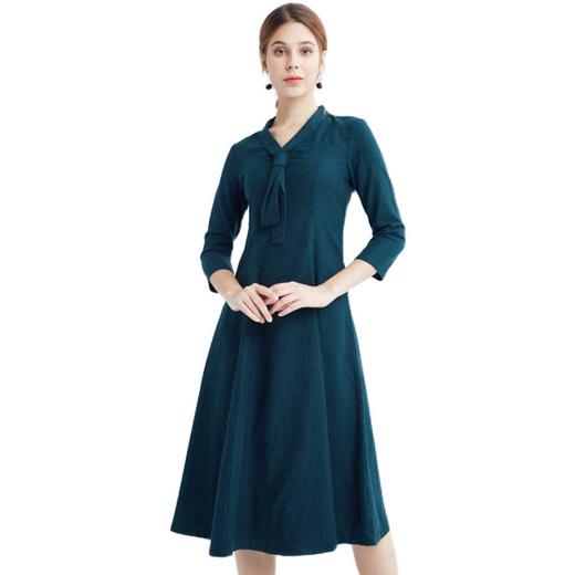 vivian liu/红英 r1944102秋女装学院风飘带领收腰长袖长款连衣裙